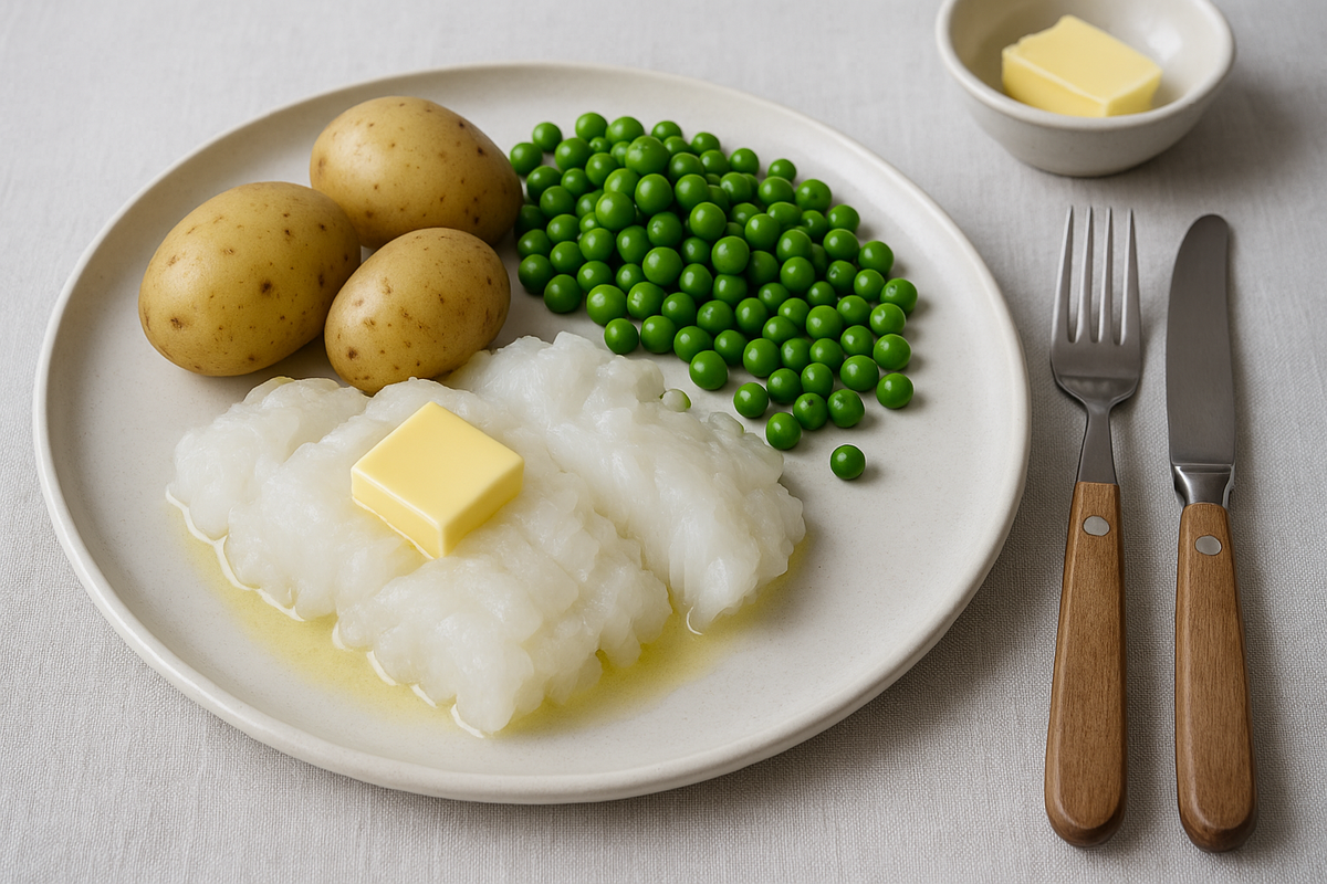 Classic Norwegian lutefisk with potatoes, peas and butter in a clean Nordic setting.