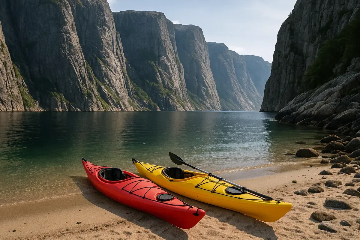 Two kayaks pulled up on small beach in Lysefjord with steep cliffs in background