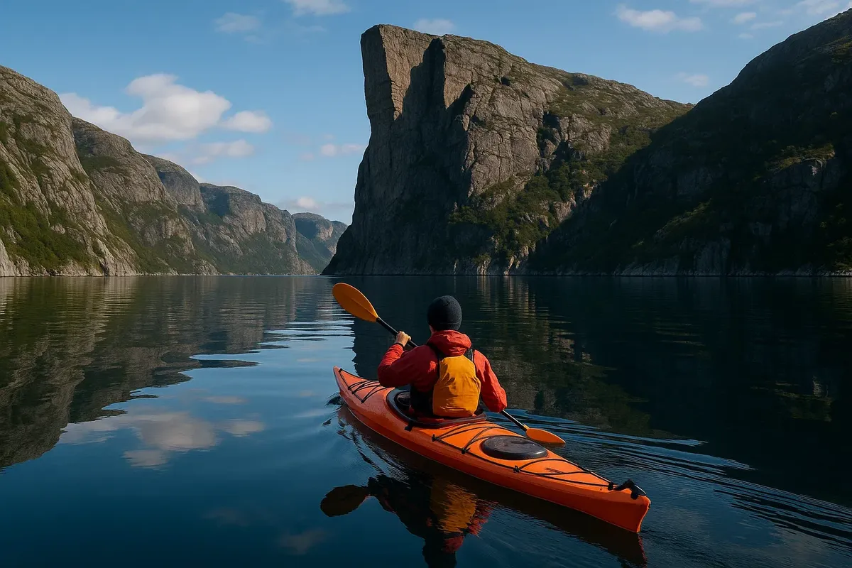 Kayaker paddling in Lysefjord with Pulpit Rock towering above and calm reflective water