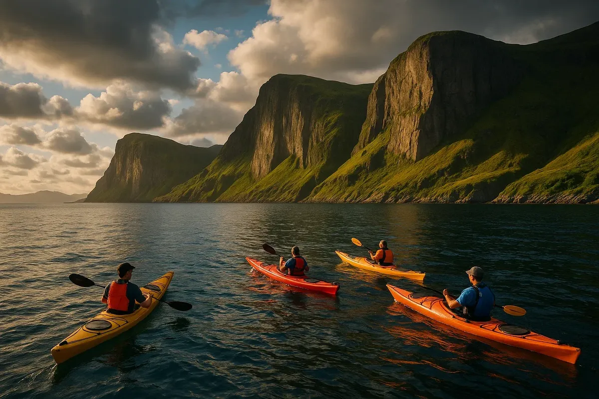 Group of kayakers near Refnes bay with dramatic cliffs and summer sunlight