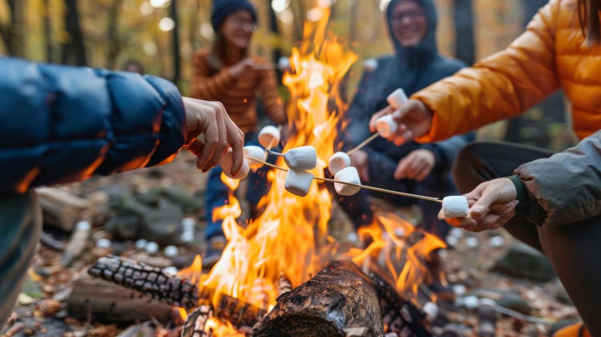 A group of people is roasting marshmallows over a campfire at a forest campsite.