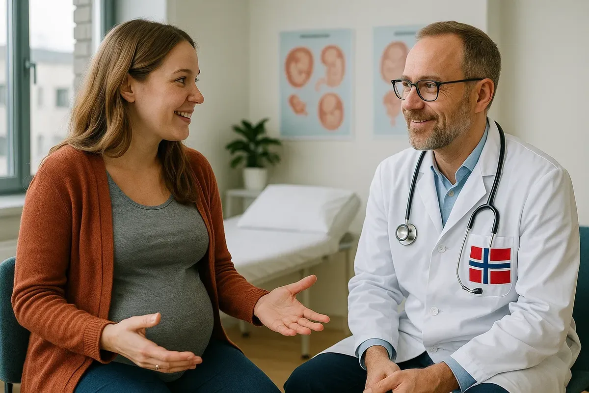 A pregnant woman consulting with a doctor in a maternity clinic in Norway.
