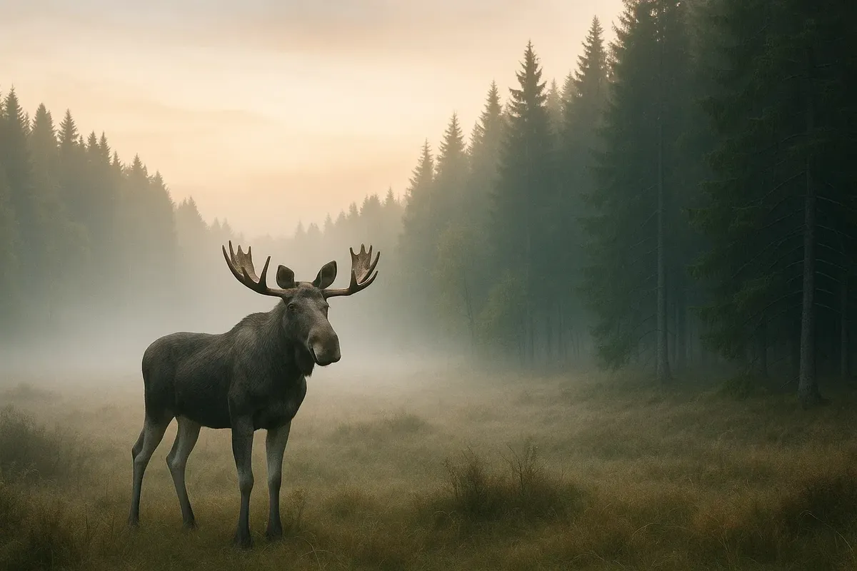 Morning wildlife encounter with moose in misty forest