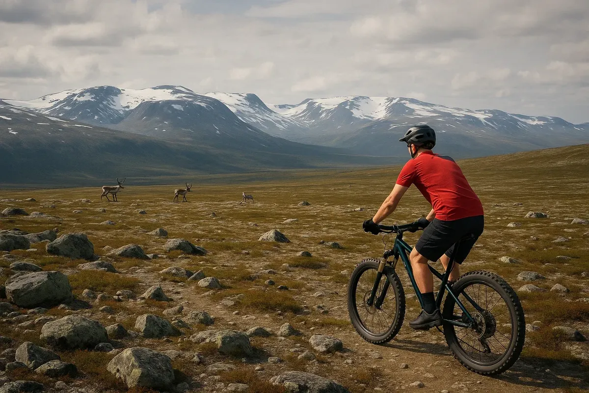 Rider enjoying a high-altitude MTB trail in Dovre with breathtaking views and wildlife in the distance
