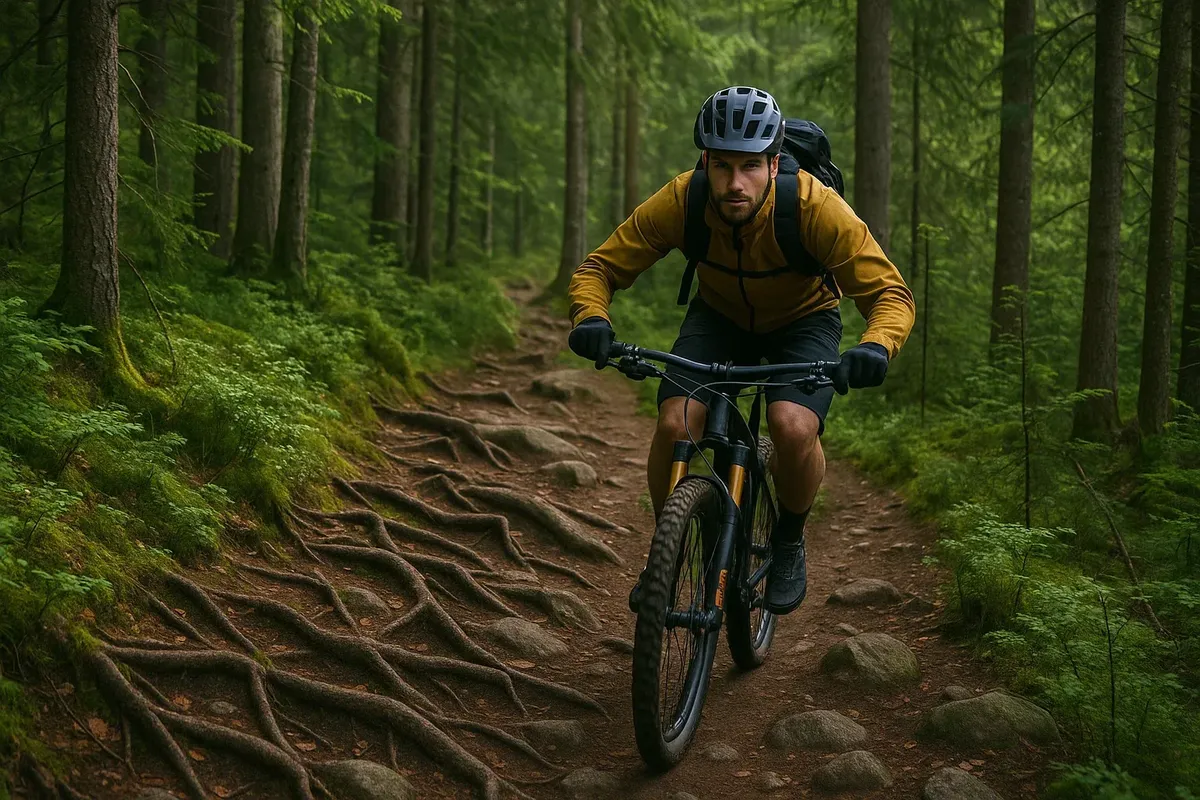 Cyclist navigating a technical forest trail in Østmarka, Norway, surrounded by pine trees and natural obstacles