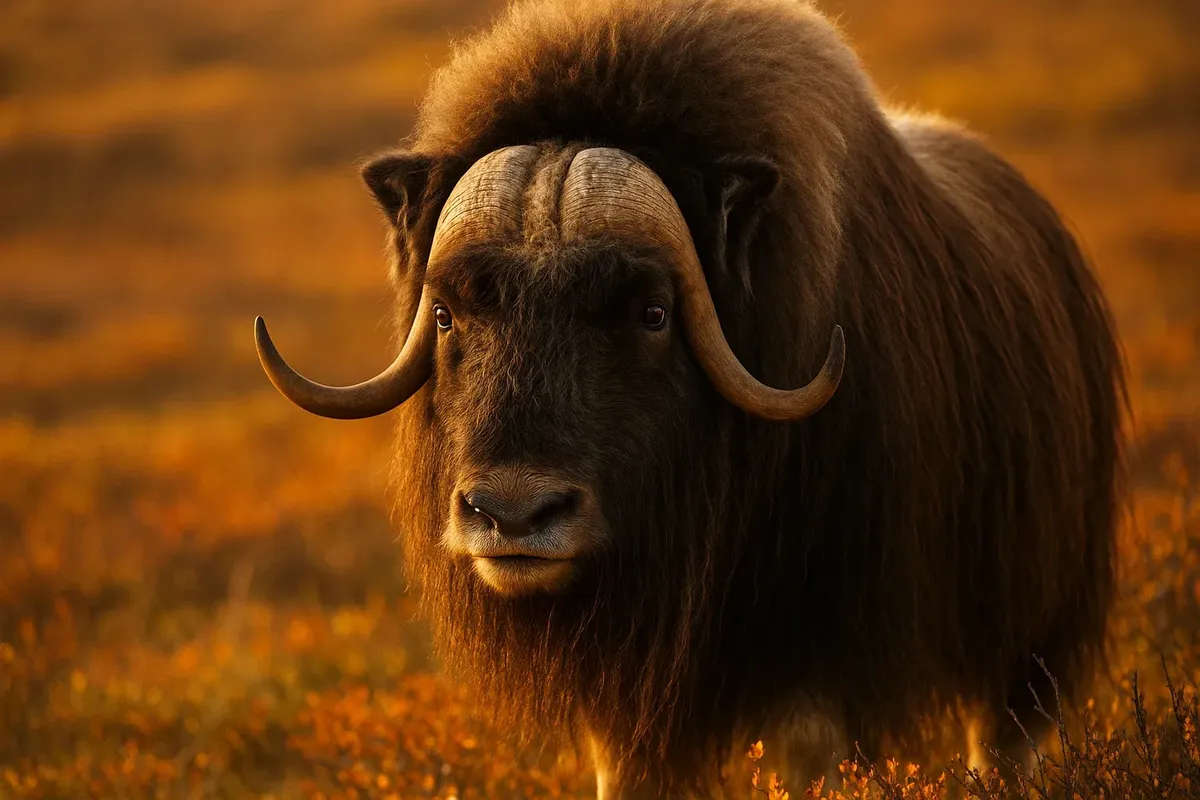 Detailed shot of musk ox with thick fur and curved horns standing in colorful autumn tundra in Norway