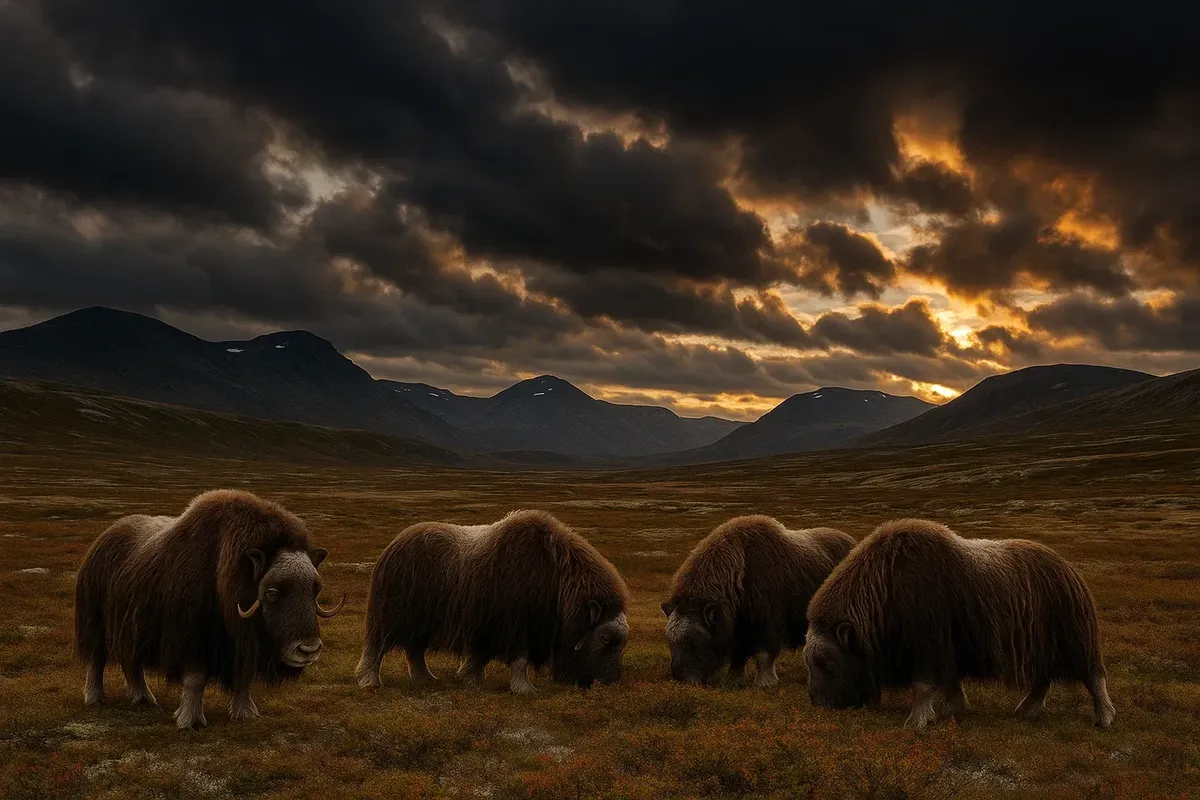 Group of wild musk oxen feeding on open tundra with rugged Dovrefjell mountains in the background, Norway