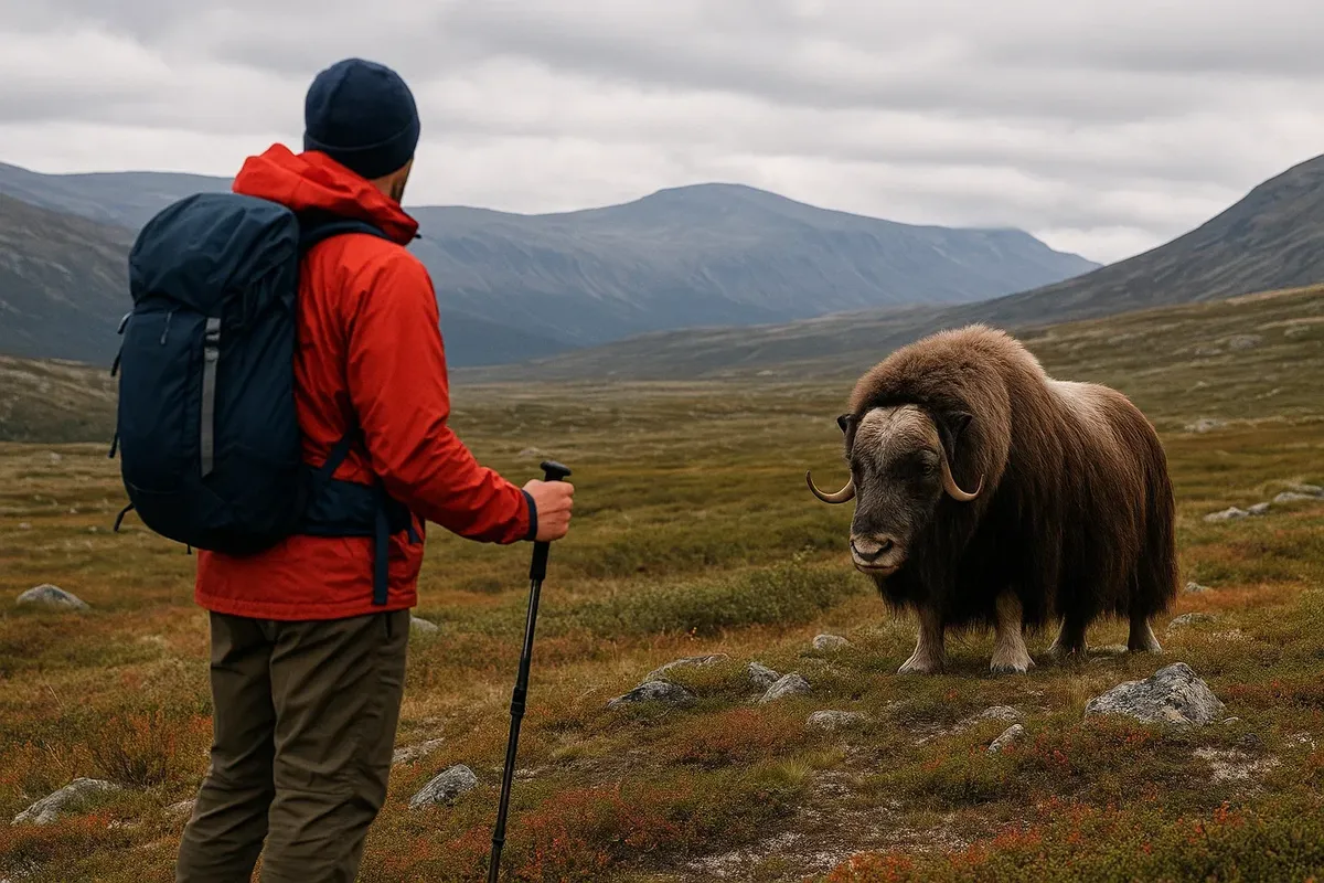 Lone hiker with binoculars watching musk ox herd from a hill in Dovrefjell, Norway, maintaining safe distance