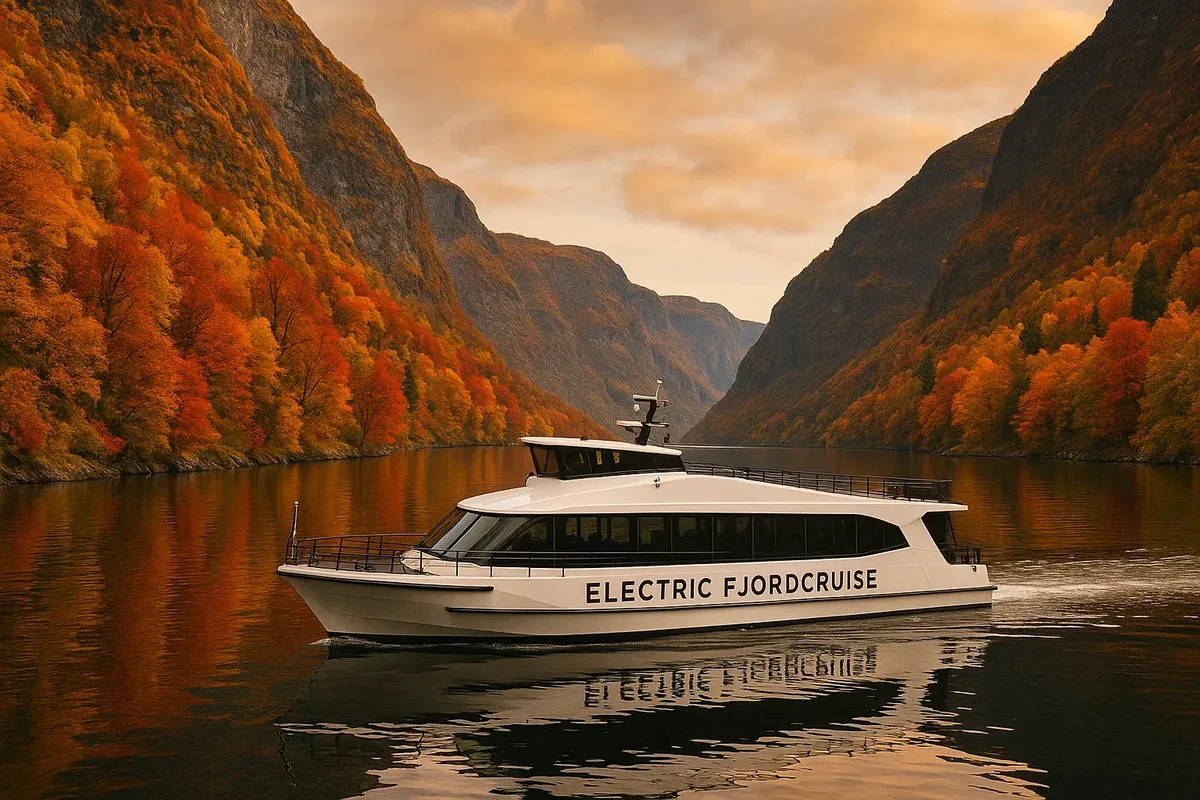 An electric fjord cruise boat sailing in Nærøyfjord surrounded by autumn-colored mountains.