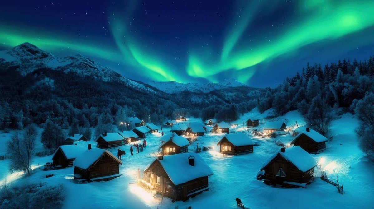 Wooden cabins in a snowy Norwegian valley are illuminated by the northern lights in the night sky.