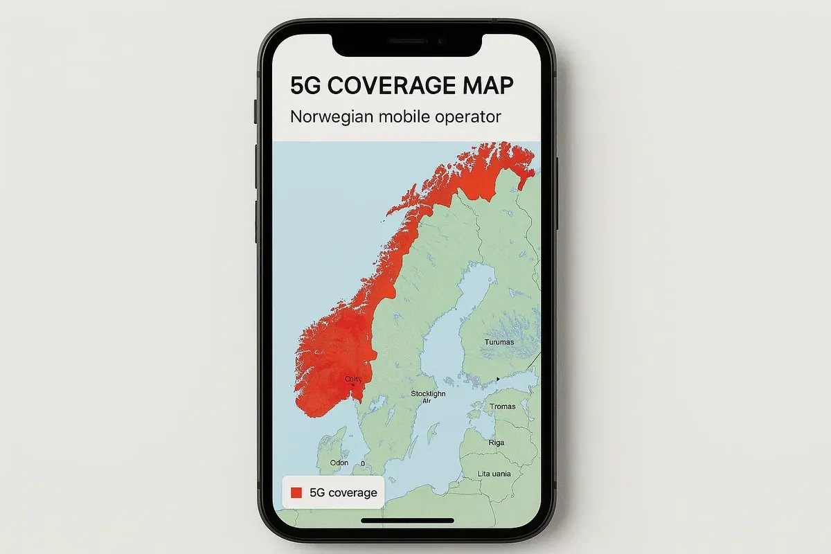 Smartphone screen with Norway 5G network coverage map displayed