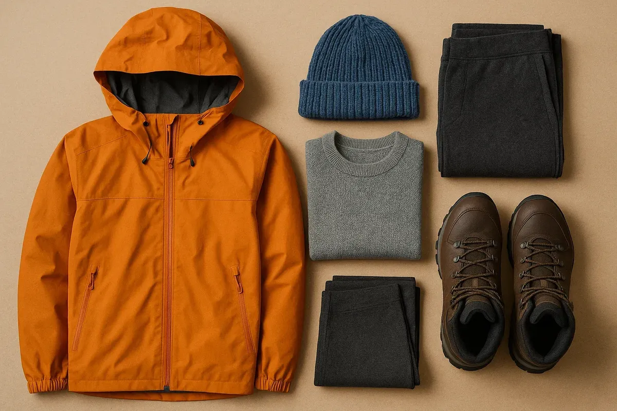 Essential all-season travel clothing for Norway, including waterproof jacket, trekking boots, and layered warm clothes