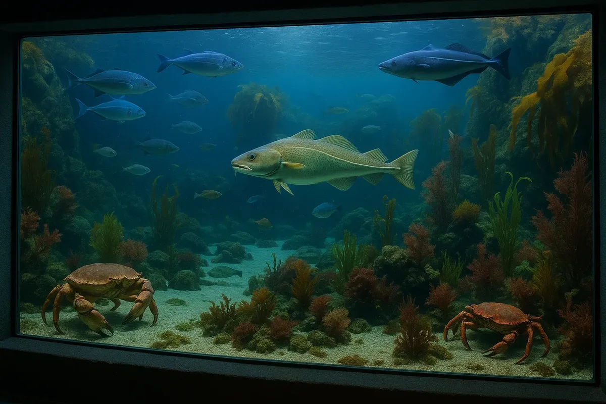 Large saltwater aquarium tank in Norway with fish, crabs, and marine plants