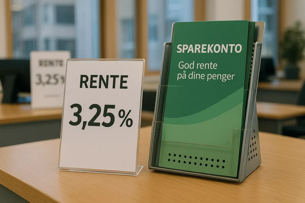 Modern Norwegian bank interior showcasing savings account offers and interest rates
