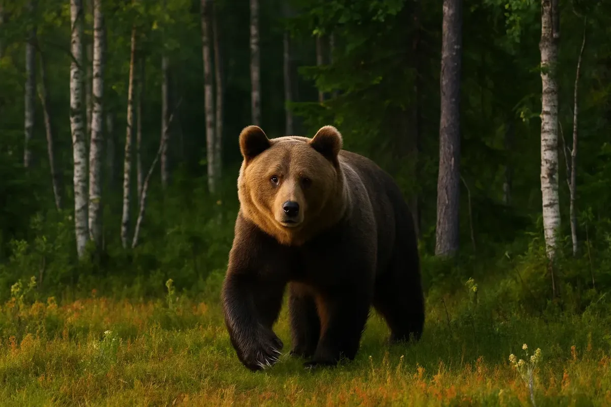 Brown bear emerging from the forest onto a clearing in Finnmark, Norway, in summer