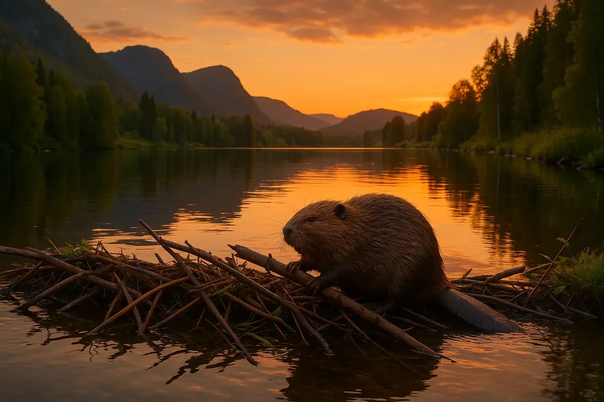 European beaver building a dam in a calm river at sunset, Telemark, Norway
