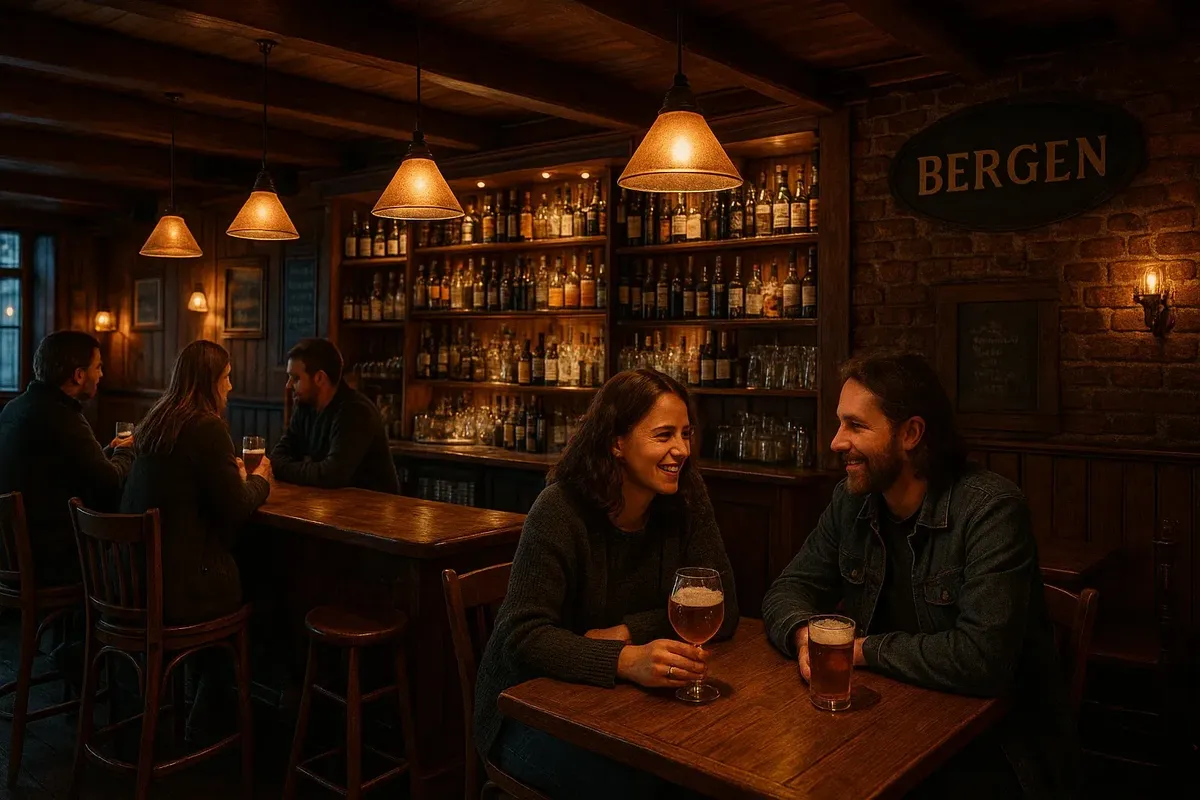 A warm and inviting Bergen bar with locals and tourists chatting over drinks