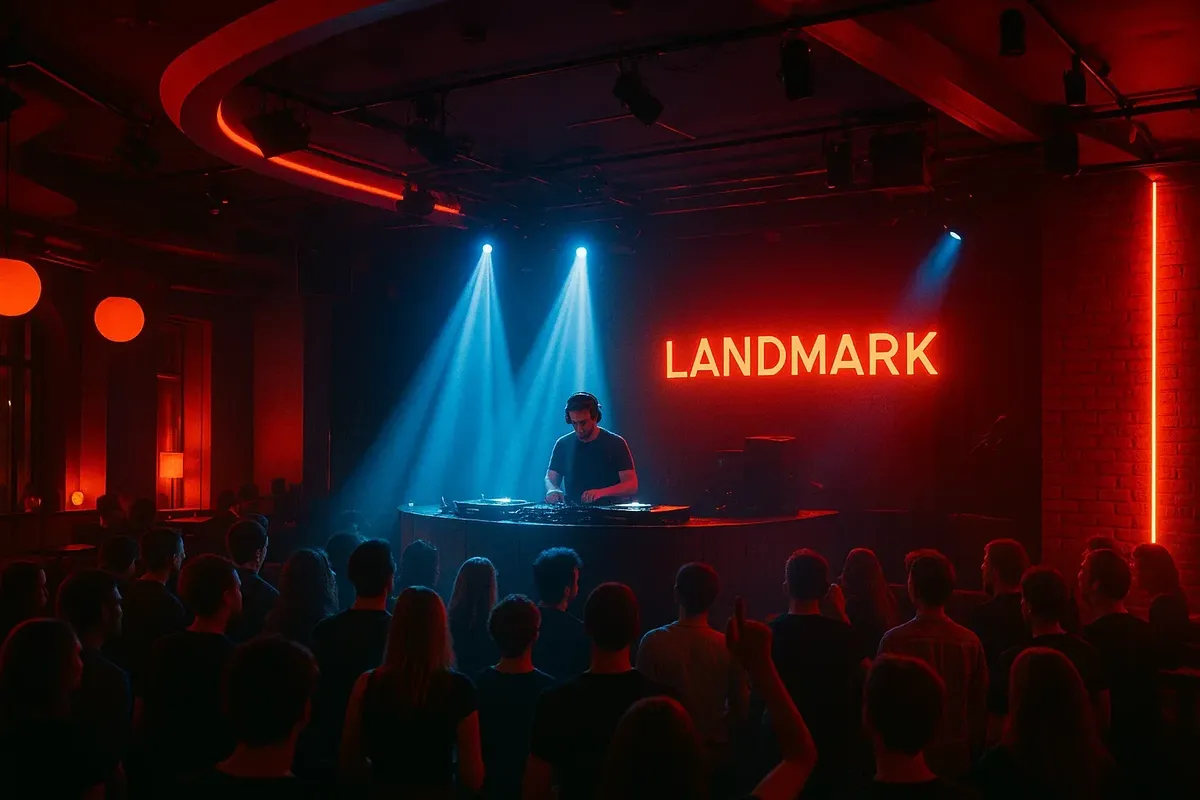 The Landmark club in Bergen with modern art decor and people enjoying electronic music