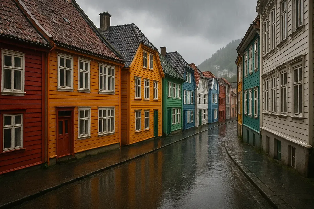 A rainy scene in Bergen with famous Bryggen houses reflecting on wet streets