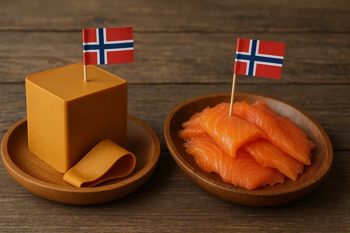 Norwegian Brunost cheese and vacuum-packed salmon as food souvenirs
