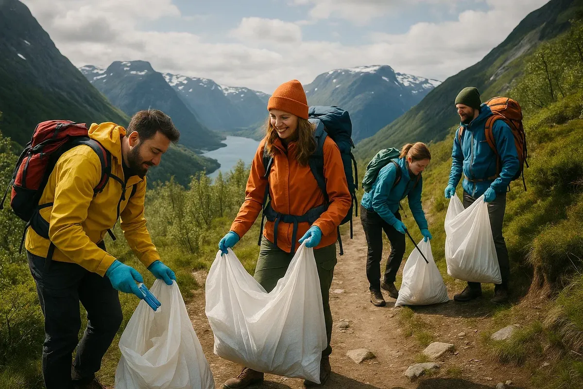 Group of hikers with gloves and bags removing litter from a mountain path surrounded by fjord views