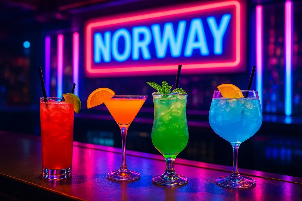 Close-up of vibrant cocktails in a trendy Norwegian cocktail bar with neon lighting