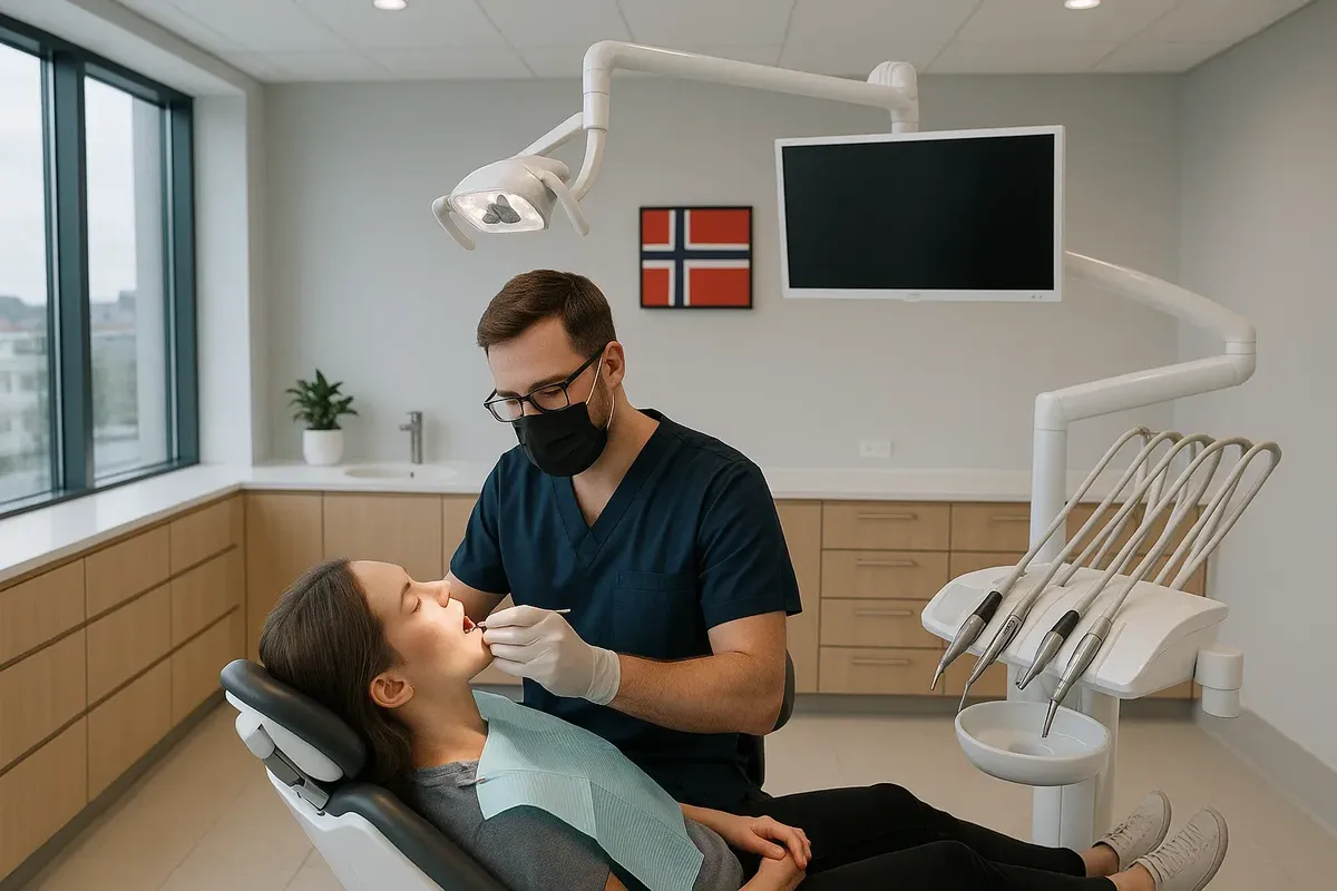 Dental treatment in Norway, patient in chair in a modern dental clinic