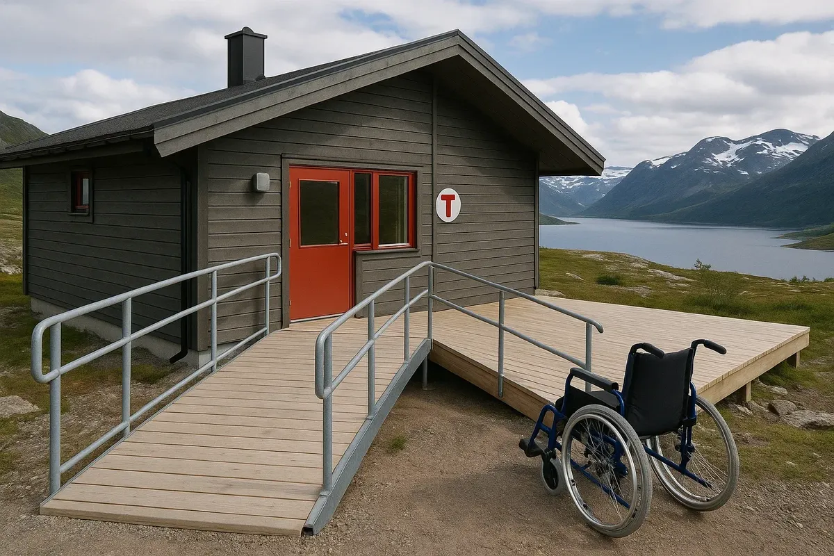 Accessible DNT hut with universal facilities and ramp for wheelchair users in Norwegian mountains