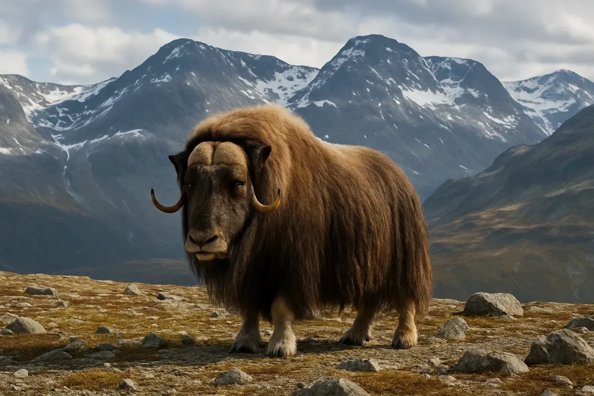 Musk ox on a rocky plateau with mountains in the background, Dovrefjell–Sunndalsfjella National Park, Norway