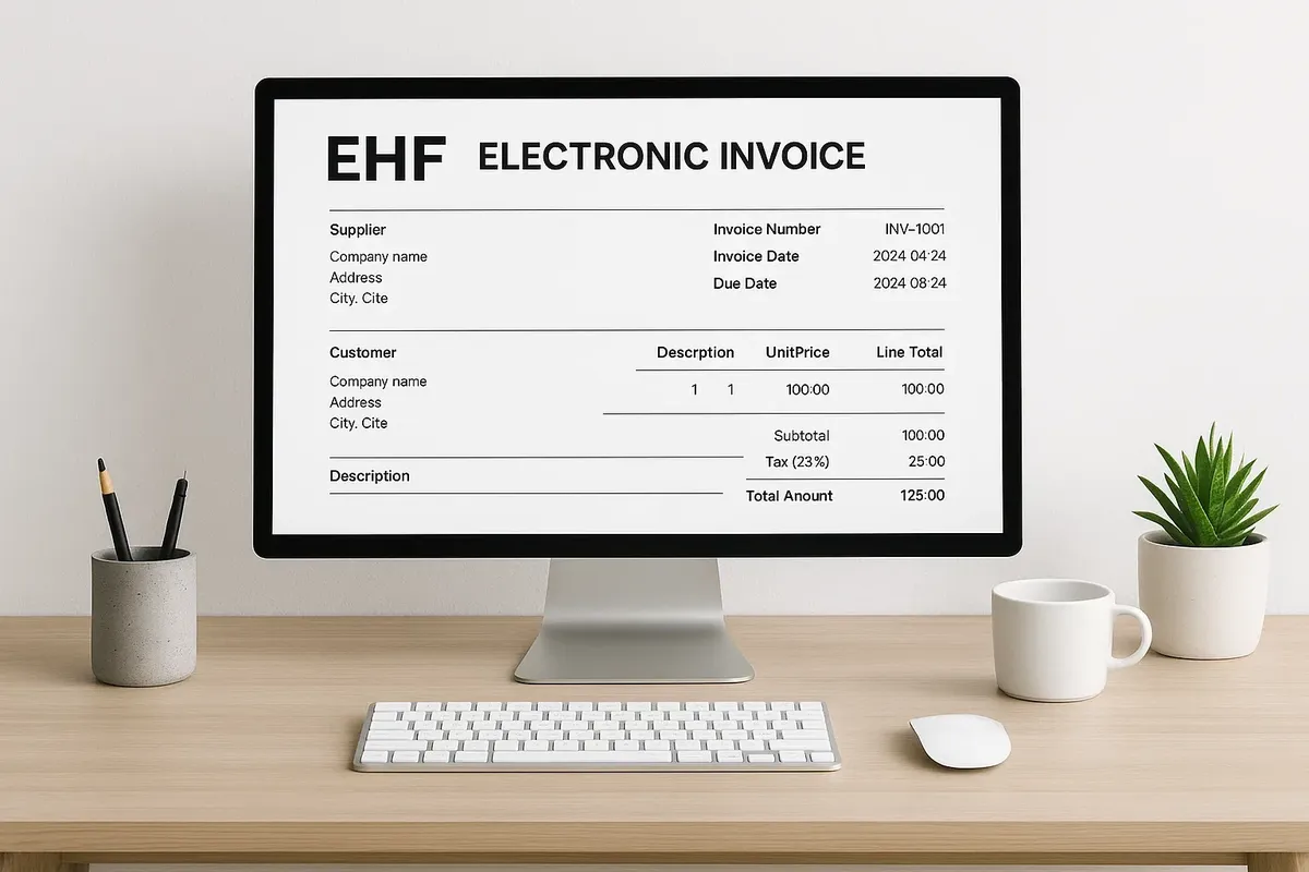 Workspace showing digital EHF invoice being prepared on computer