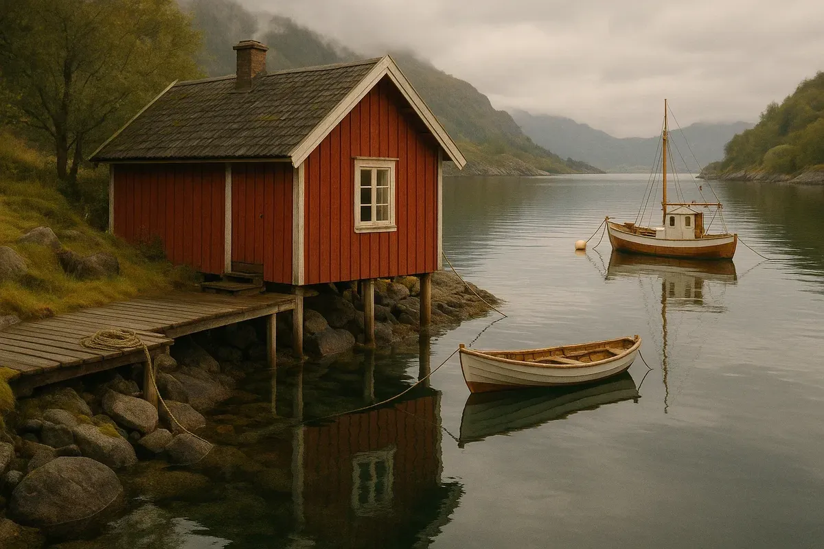 Cozy Norwegian fishing cabin (rorbu) by the water with moored boats