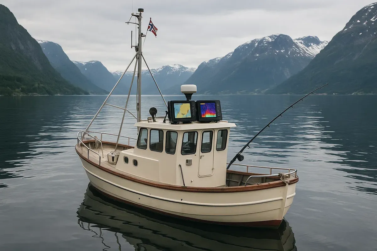Medium-sized fishing boat with GPS and echo sounder on calm Norwegian fjord