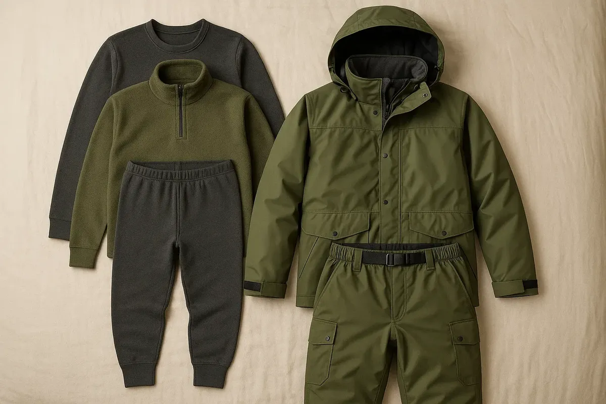 Layered fishing clothing set with thermal underwear, fleece, waterproof jacket and pants, laid out on a bed