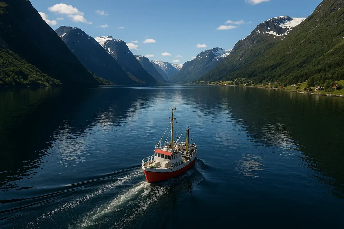 Drone aerial shot of fishing boat in a Norwegian fjord