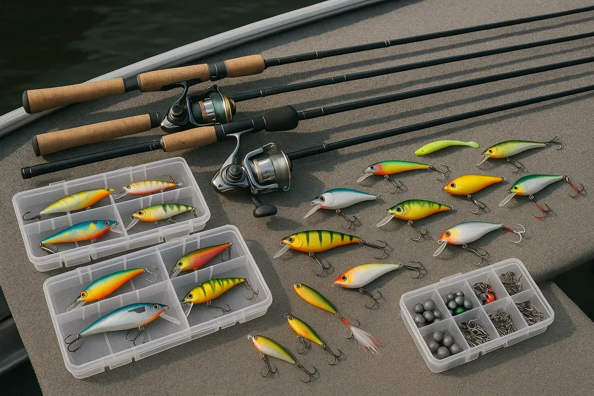 Assortment of fishing rods, reels, lures, and tackle neatly organized in a boat or on a dock