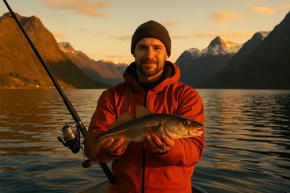 Golden hour fishing scene in Norwegian fjord with angler holding fish