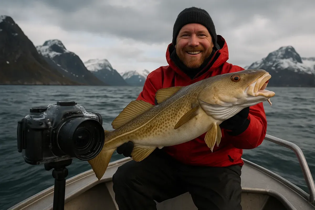 Fisherman on a Norwegian fishing boat holding a trophy fish, DSLR camera in waterproof case on deck