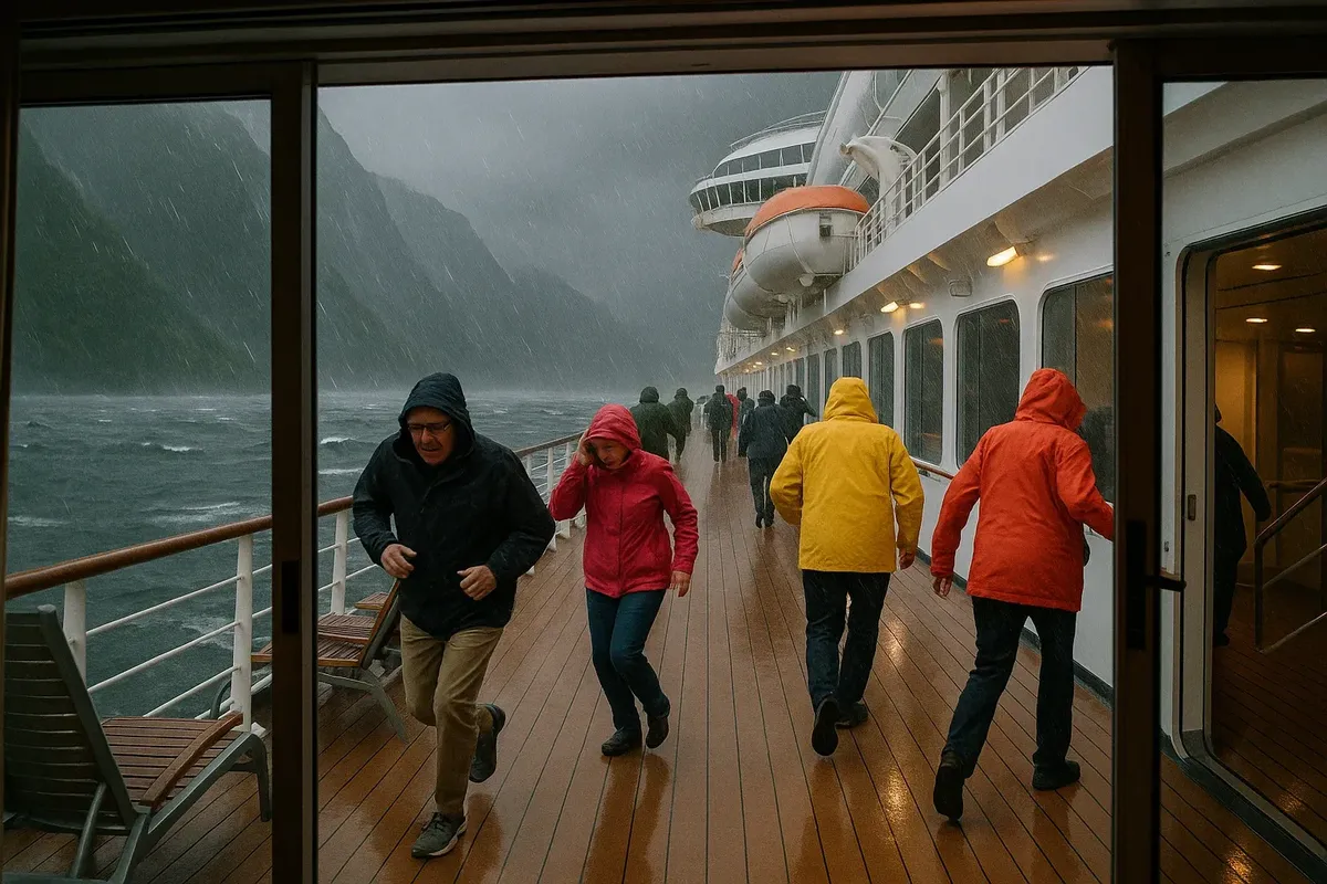 Cruise travelers seeking shelter inside during stormy fjord weather