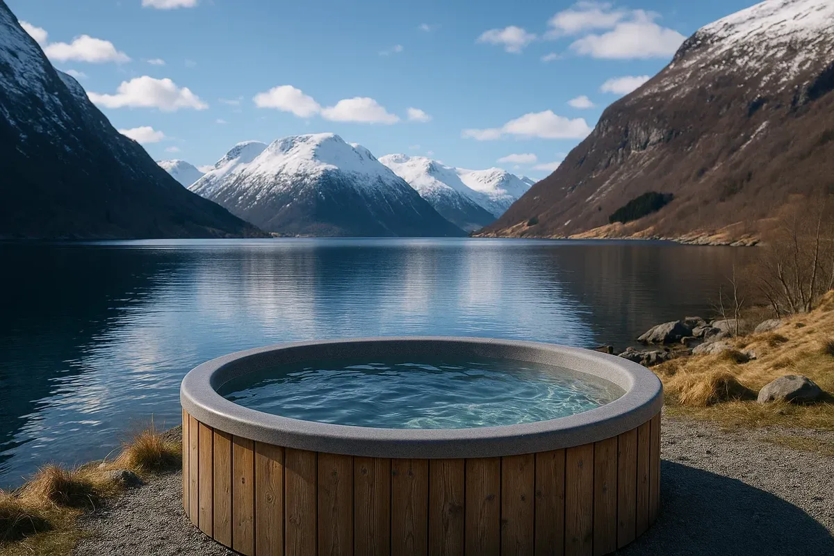 Natural-style hot tub beside a fjord with mountains in background
