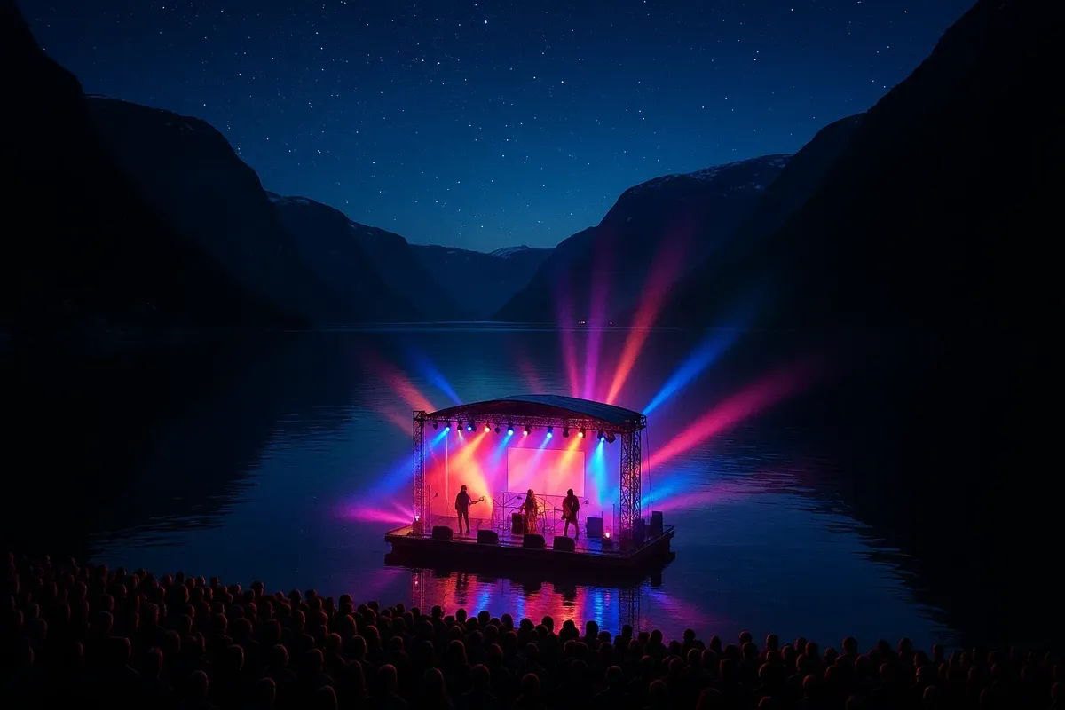Outdoor night concert in Norway by the fjord with stage lights and audience