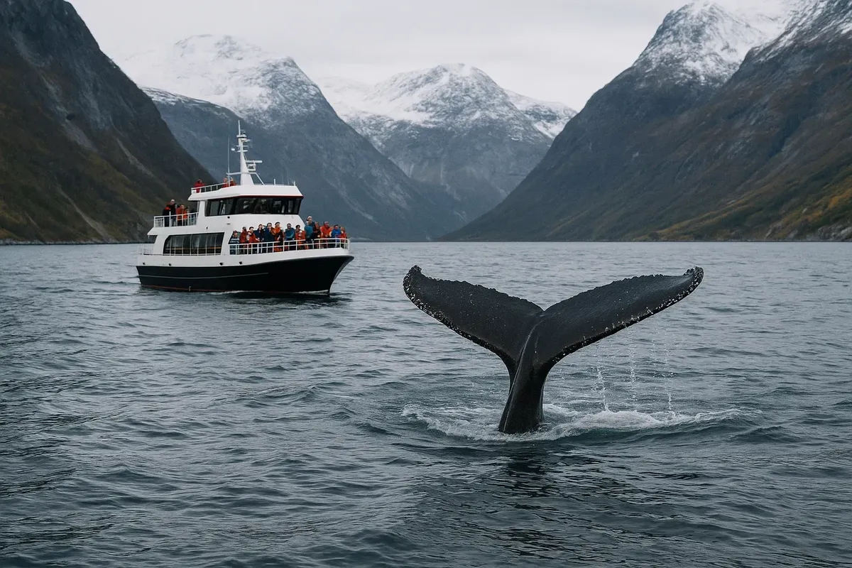 Whale watching boat in Norwegian fjord with humpback whale tail above water