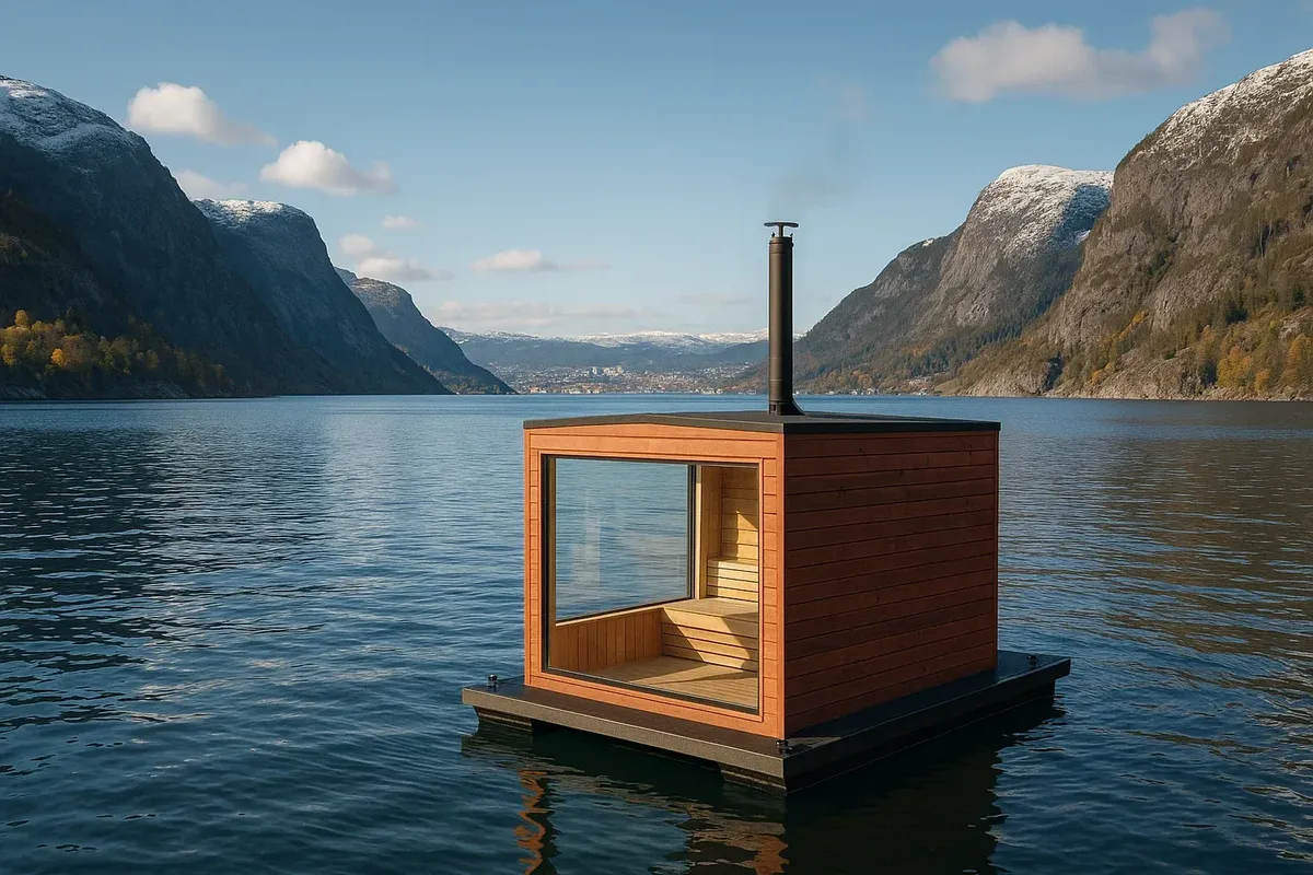 Floating sauna on Oslo Fjord with scenic panoramic view
