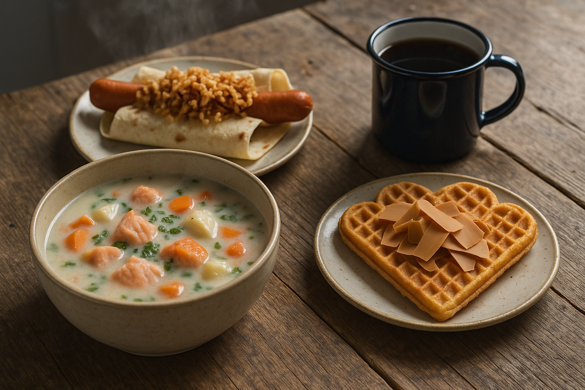 A cozy Norwegian spread with fiskesuppe, pølse in lompe, brunost waffle and black coffee.