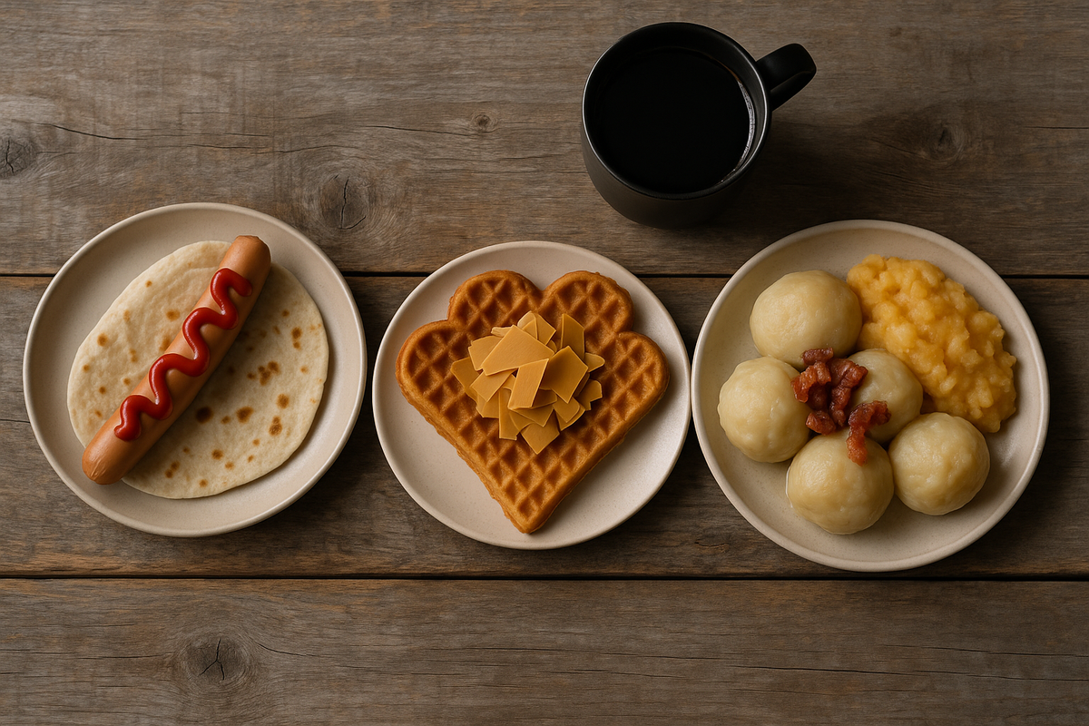 A tabletop snapshot of Norway’s food trends: street pølse, brunost waffle with coffee, and homestyle raspeballer.