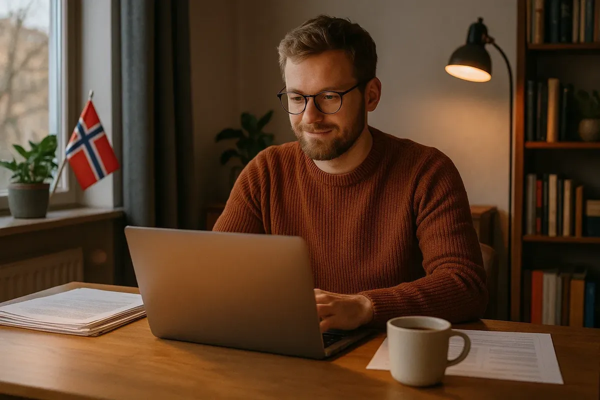 Scandinavian-style home office scene with freelancer managing business tasks