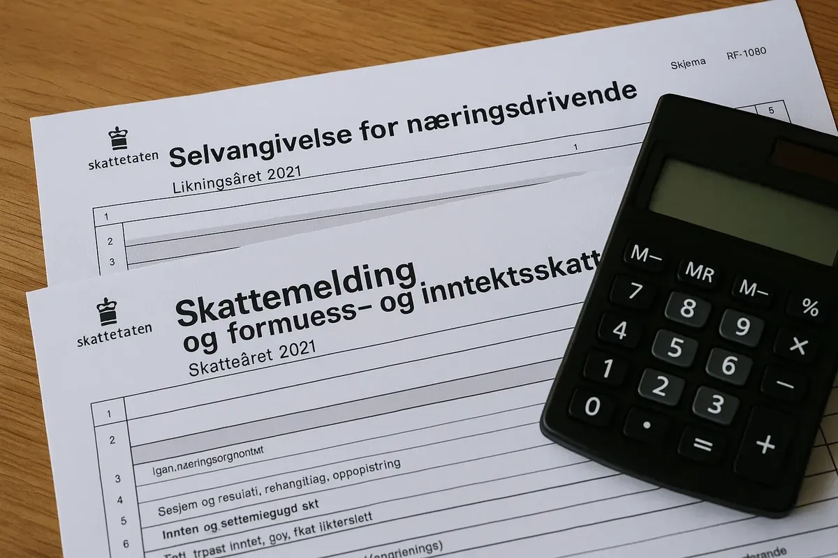 Tax calculation setup with Norwegian forms, pen, and calculator