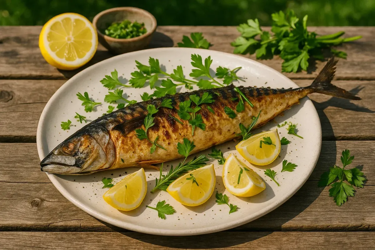 Grilled mackerel with lemon and herbs served outdoors