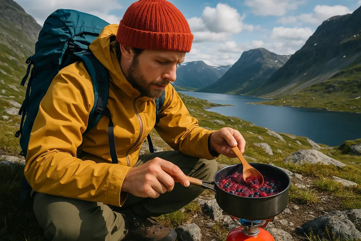 Making fresh berry jam on a camp stove during a mountain hike