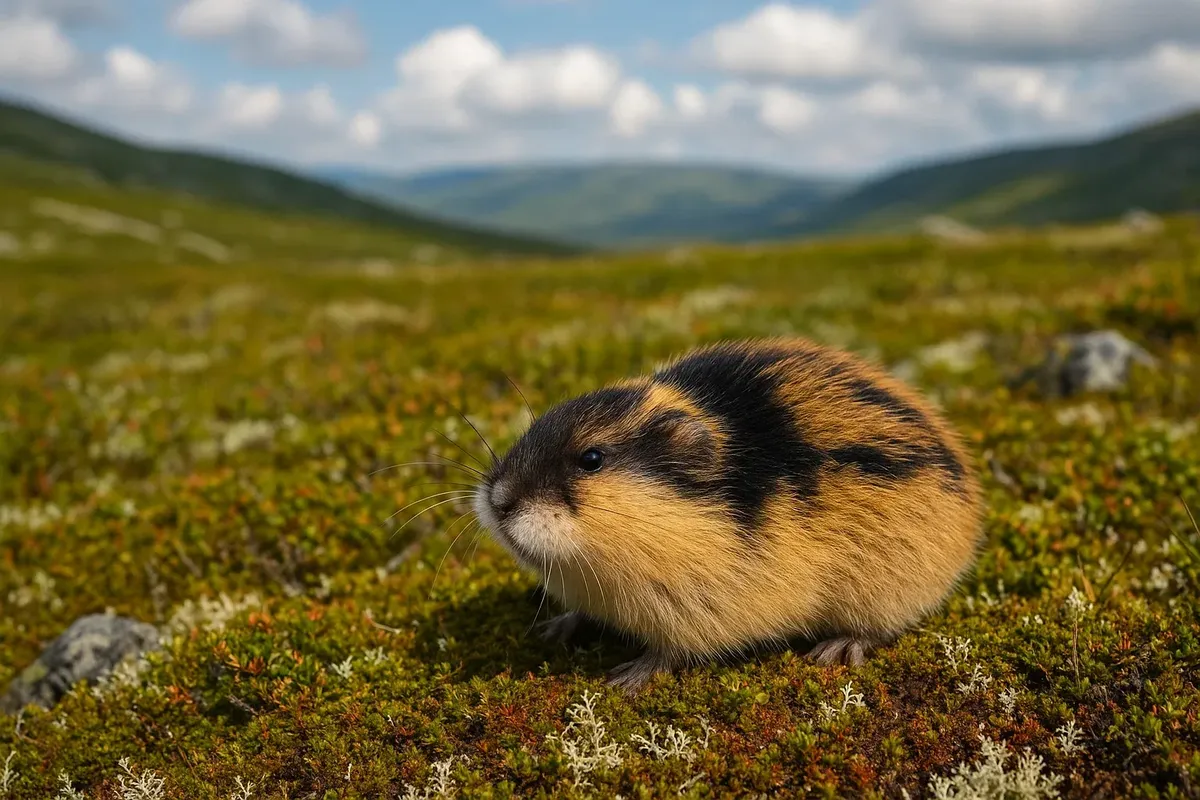 Norwegian lemming on the mossy tundra of the Hardangervidda plateau, Norway, in summer