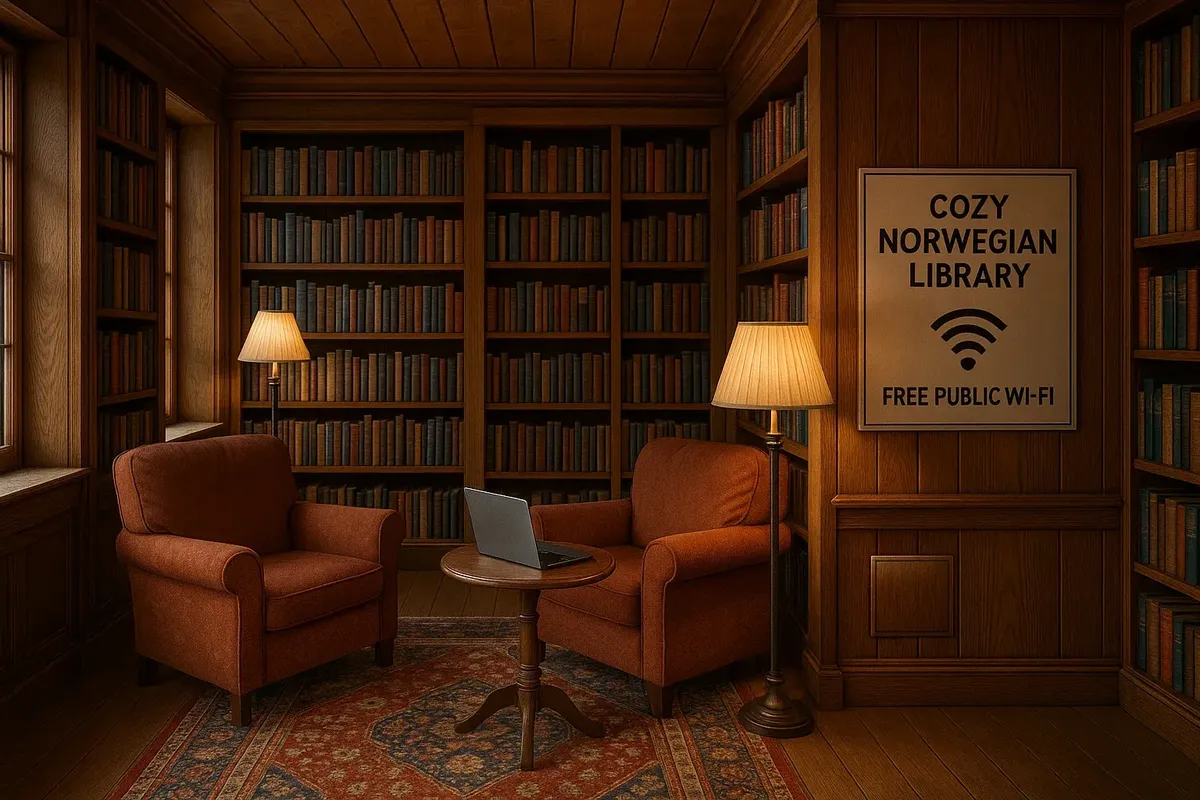 Interior of public library in Norway with people using laptops on free Wi-Fi